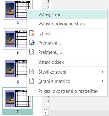 Če želite vstaviti stran, z desno tipko miške kliknite stran v podoknu »Krmarjenje po strani«.