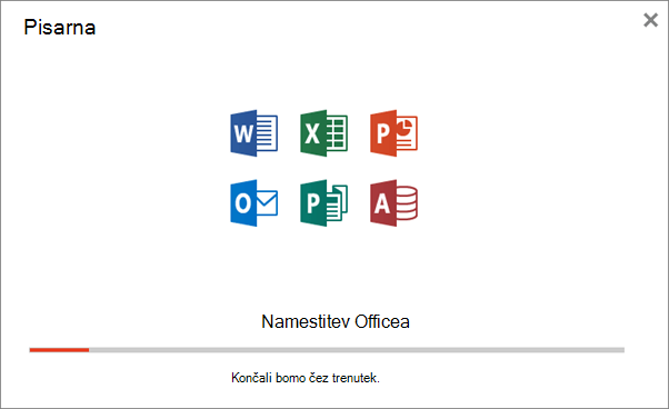 Prikaže pogovorno okno napredka med nameščanjem Officea