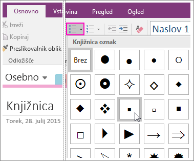 Posnetek zaslona postopka dodajanja oznak na stran v programu OneNote 2016.