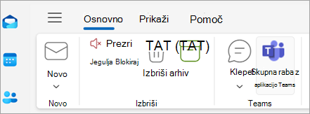 Posnetek zaslona, na katerem je prikazana možnost »Skupna raba v storitvi Teams« na Outlookovem traku