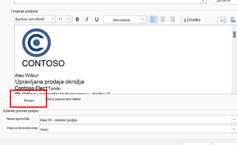 Urejevalnik podpisov v Outlooku z označenim gumbom »Shrani«.
