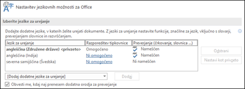 Pogovorno okno, v katerem lahko dodate, izberete ali odstranite jezik, ki ga Office uporablja za orodja za urejanje in preverjanje.