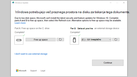 Sistem Windows potrebuje več prostora za posodobitev sporočila