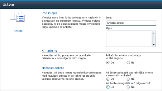 Stran z možnostmi ankete v programu SharePoint 2010