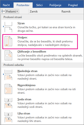 Možnost »Stolpec« je označena v meniju »Prelomi«.