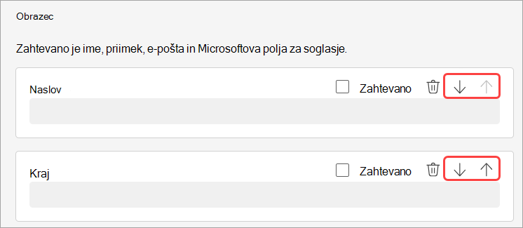 Posnetek zaslona z označevanjem, kako prerazporedite vprašanja o registraciji za spletni seminar.