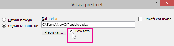 choosing link for inserting a file into powerpoint