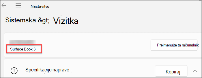 Prikaže informacije o napravi pri vrhu okna pod naslovom zaslona.