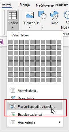 Na zavihku »Vstavljanje« je označena možnost za pretvorbo besedila v tabelo.
