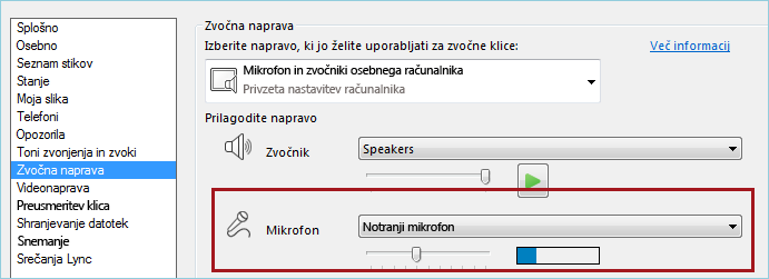 Posnetek zaslona mikrofona za preverjanje zvoka v programu Lync