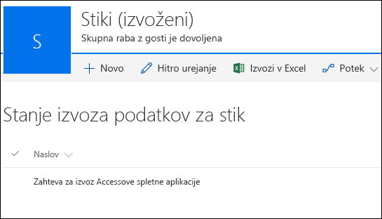 SharePointova seznam z zahtevo z naslovom zapisa za izvoz aplikacije Access Web App