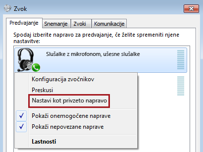 Nastavite napravo kot privzeto v sistemu Windows