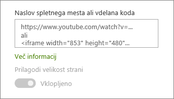 Lepljenje URL-ja videoposnetka ali vdelane kode v polje