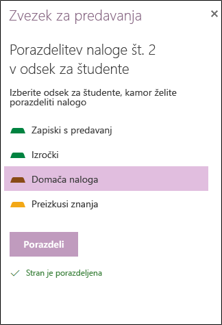 Primer porazdeljene dodelitve v OneNotu za splet