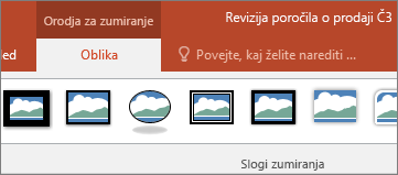 Prikazuje zavihek »Orodja za zumiranje – Oblika« na traku v PowerPointu.