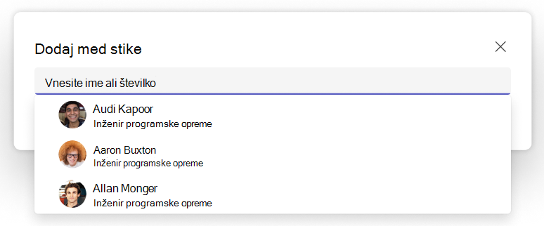 Posnetek zaslona spustnega menija »Dodaj med stike« v aplikaciji Ljudje v aplikaciji Teams