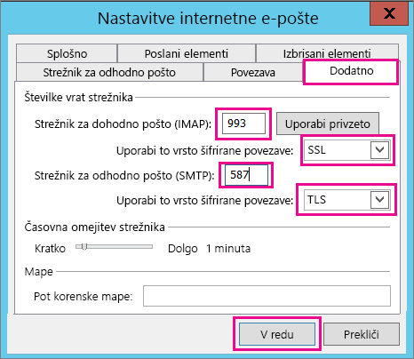 Vnesite napredne nastavitve e-pošte.