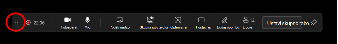 Izberite in povlecite vrstico povleci, da premaknete orodno vrstico predstavitelja kamor koli na zaslonu.