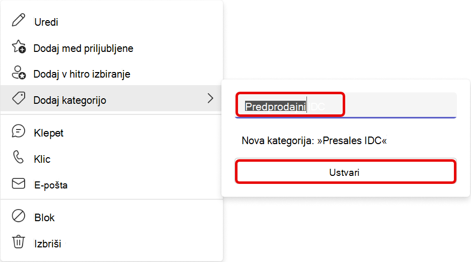 Posnetek zaslona poteka dela za dodajanje kategorije v aplikaciji Ljudje v aplikaciji Teams