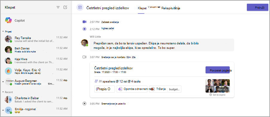 Posnetek zaslona, na katerem so prikazane funkcije povzetka srečanja v klepetu srečanja.
