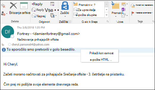 Kliknite informacijsko vrstico, če želite, da je prikazana kot HTML.