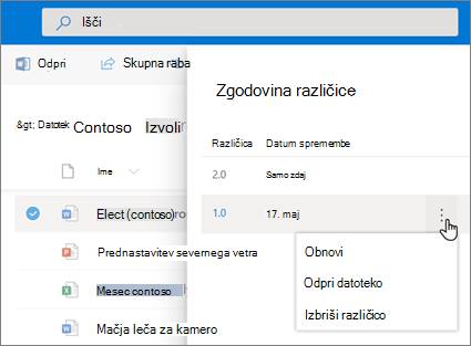 Posnetek zaslona obnavljanja datotek v storitvi OneDrive za podjetja iz zgodovine različic v podoknu s podrobnostmi v sodobni izkušnji