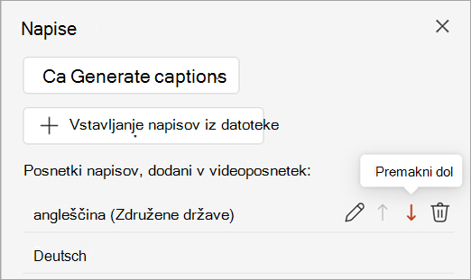 Gumb »Premakni navzdol« za skladbo napisov v podoknu »Napisi«.