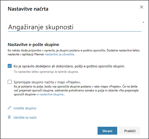 Posnetek zaslona: prikazuje nastavitev »Pošlji e-pošto skupini načrta ...« za nastavitve načrta