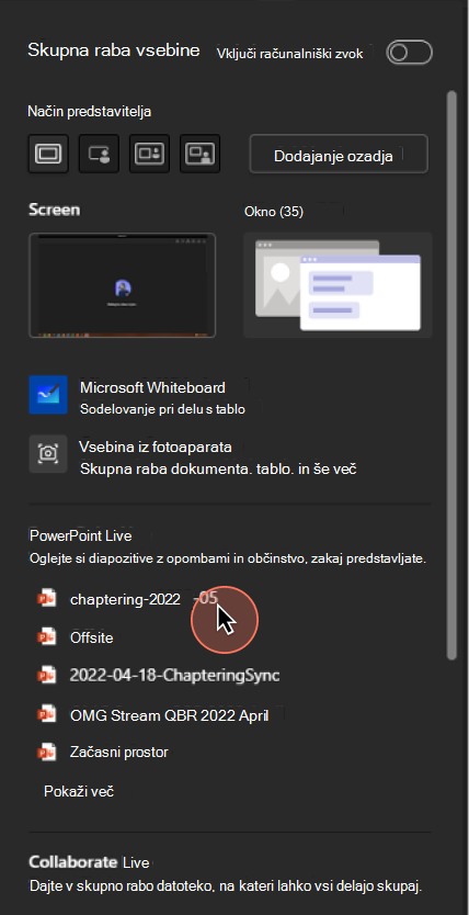 V odprtem meniju so prikazane možnosti skupne rabe zaslona, ki jih ima uporabnik med snemanjem srečanja v aplikaciji Teams. V spodnji polovici menija je prikazan seznam PowerPointovih predstavitev, ki jih lahko uporabnik da v skupno rabo.