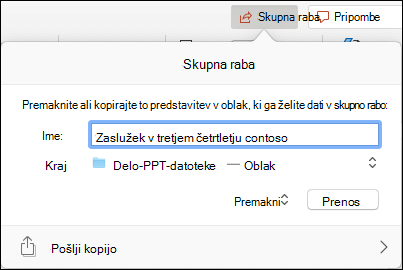 Pogovorno okno, ki ponuja prenos predstavitve v Microsoftov prostor za shranjevanje v oblaku za nemoteno skupno rabo.