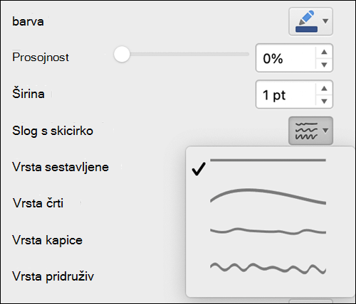 Možnosti oblike črte v računalniku Mac z izbranim slogom »Skiciranje«