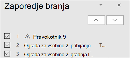 Seznam elementov v vrstnem redu branja na diapozitivu z gumboma s puščico gor in dol za prerazporejanje