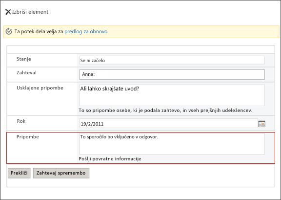 Obrazec, ki je poslan, ko je vnos zahtevanih sprememb končan
