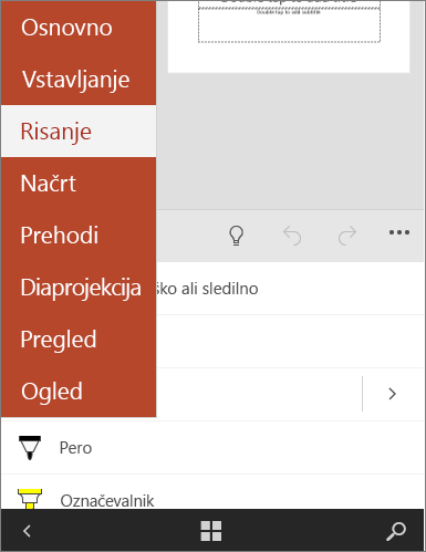 Pokaže zavihek »Risanje« v storitvi Office Mobile.