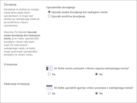 Pogovorno okno podstrani SharePoint 2016, ki prikazuje razdelek za krmarjenje in dovoljenje