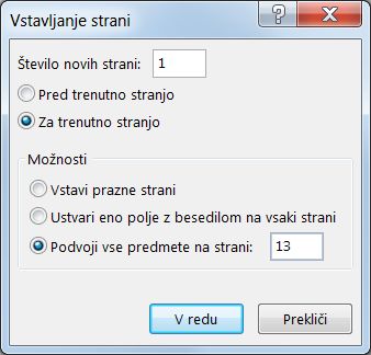 Pogovorno okno za vstavljanje strani programa Publisher