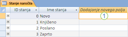 Podatkovni list v Accessu s stolpcem »Dodaj novo polje«