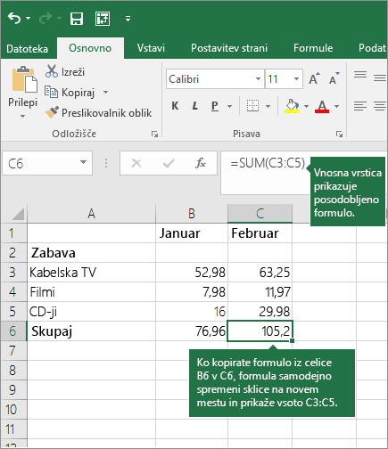 Ko kopirate formulo, se sklici na celice posodobijo samodejno