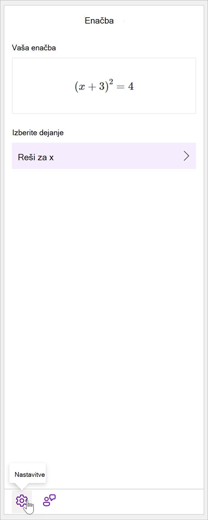 screenshot of the math pane of onenote desktop with the equation (x+3)^2=4. V razdelku Izberite dejanje je na voljo le dejanje Reši fore x.