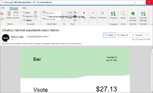 Posnetek zaslona, na kateri je prikazano e-poštno sporočilo o prejemu računa za Uber v Outlooku