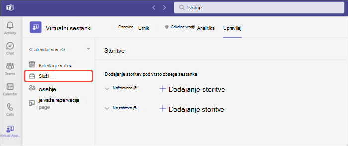 Posnetek zaslona storitev na zavihku »Upravljanje« za Virtualni sestanki