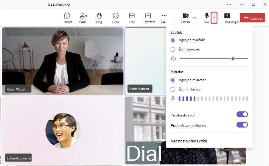Posnetek zaslona z označeno puščico spustnega seznama ob možnosti Mikrofon v srečanju v storitvi Teams.