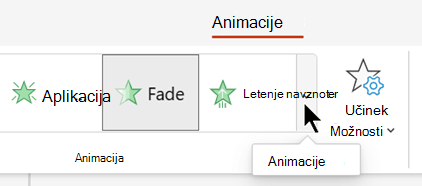 Na zavihku Animacije v PowerPointu galerija animacijskih učinkov vključuje gumb na desnem robu za razširitev galerije.