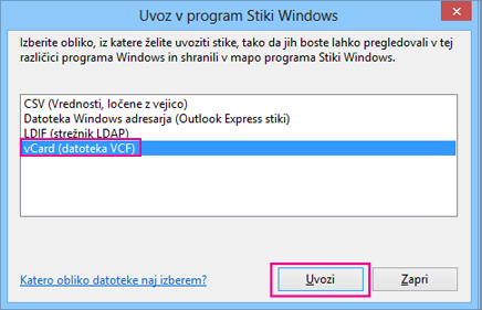 Izberite »vCard«, nato pa »Uvozi«.