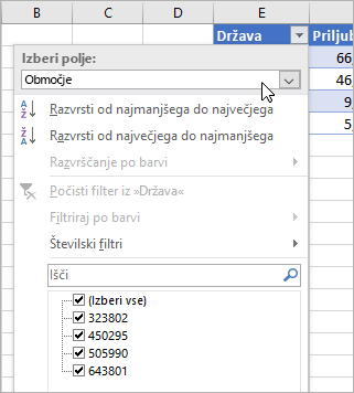 Meni »Filter«, meni »Prikaz vrednosti«, našteta polja iz povezane vrste podatkov