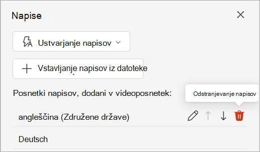 Gumb »Odstrani napise« za skladbo napisov v podoknu »Napisi«.