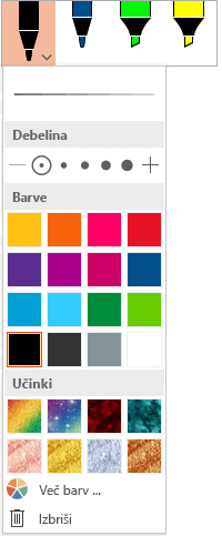 Možnosti barve in debeline za pero v Officeovi galeriji peres na zavihku »Risanje«