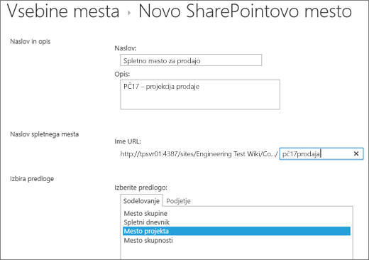 Zaslon za ustvarjanje podstrani SharePoint 2016