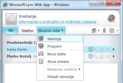 Meni »Skupna raba« spletnega programa Lync Web App