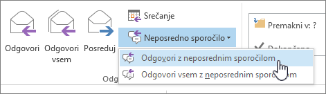 Skupina »Odgovori« z odprtim spustnim seznamom za neposredno sporočanje in označeno možnostjo »Odgovori z neposrednim sporočilom«